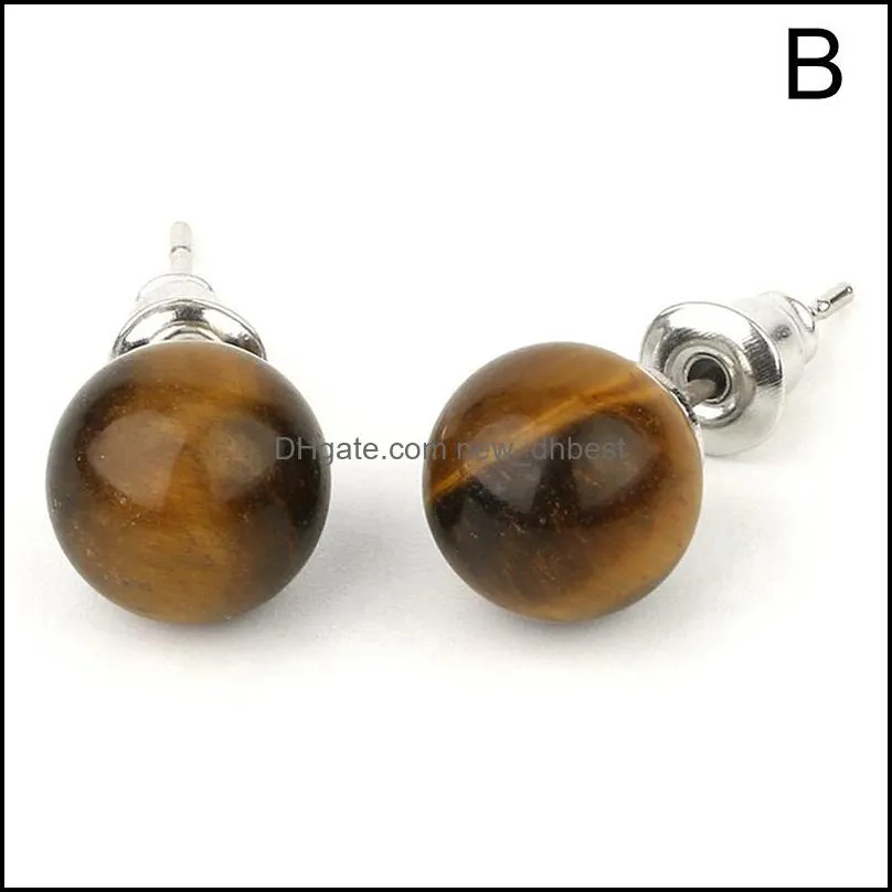 natural gem stone quartz crystal tiger eye round beads stud earrings simple ear handmade making jewelry women earring