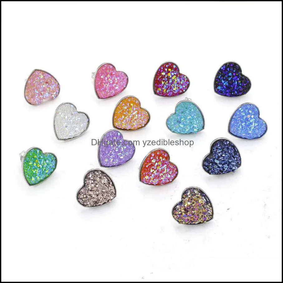 heart stainless steel stud 14mm resin druzy drusy earrings handmade stud for women jewelry men