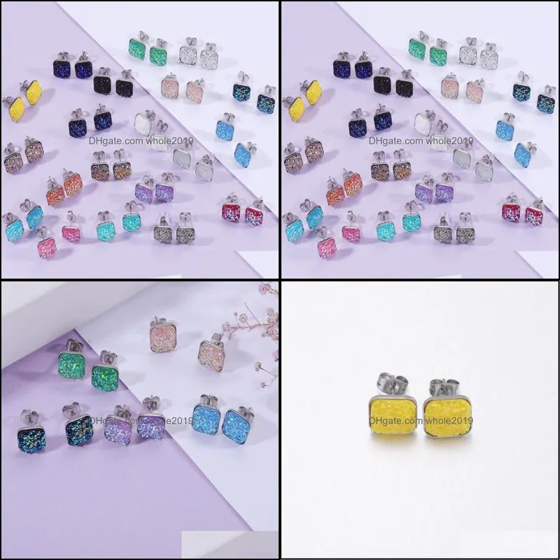 designer square resin druzy drusy stud earrings stainless steel handmade studs for women jewelry