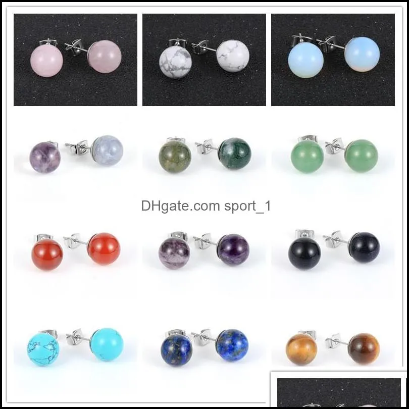 10mm women natural stone round beads stud lapis lazuli green tanglin earring tiger eye amethysts stainless steel ear jewelry