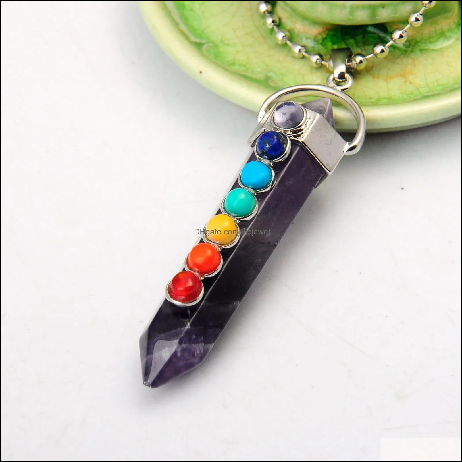 wholesales 2018 new style natural amethsyt reiki power gemstone necklace pendant with 7 crystal and silver findings 1pcs for fashion