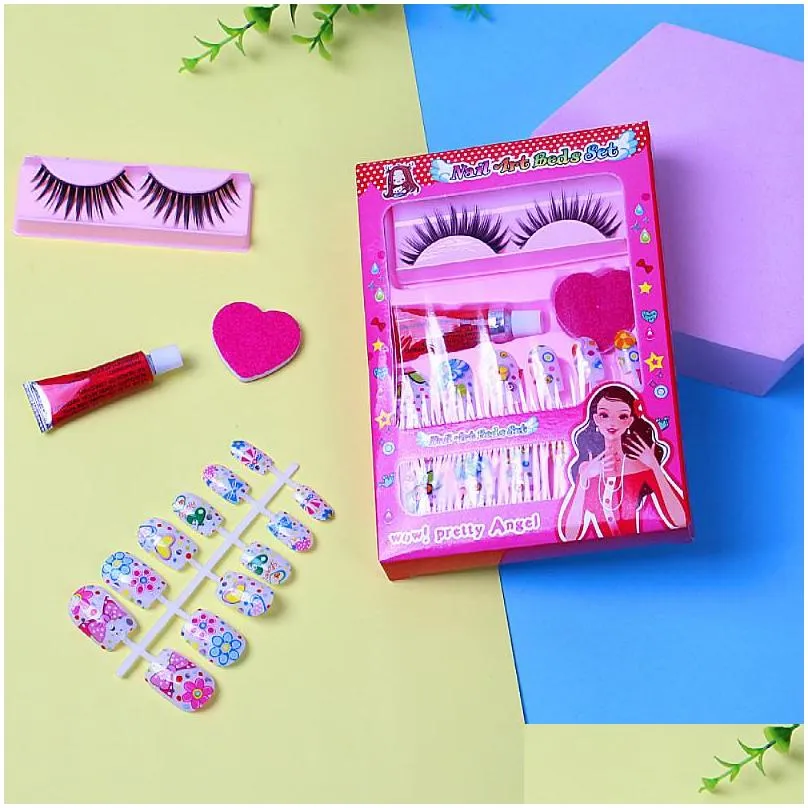 kids girls false nails nail art set playhouse princess nail stickers makeup toy eyelash girl gift