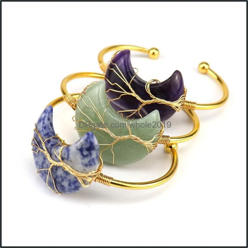 stone moon cuff bracelet for women girls handmade gold wire woven lift of tree healing chakra crystal friendship bangle charms jewelry