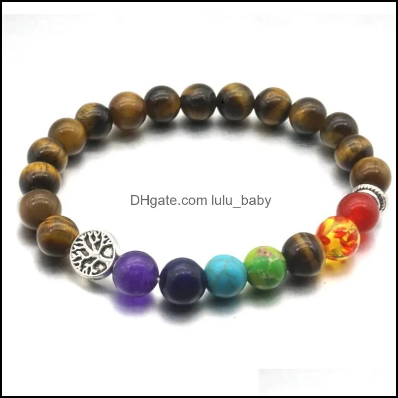 tree of life 8mm seven chakras bracelets tigers eye stone beads elastic bracelet pray beaded hand strings jewelry