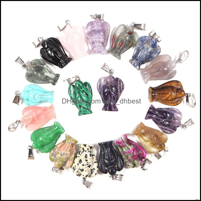 fashion natural stone carved angel charms rose quartz amethyst jade gem pendants for necklace making jewelry wholesale