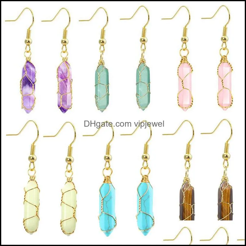 wire wrap reiki healing natural crystal stone dangle earrings chakra hexagon prism rose quarz opal tiger eye charms earrings wholesale women