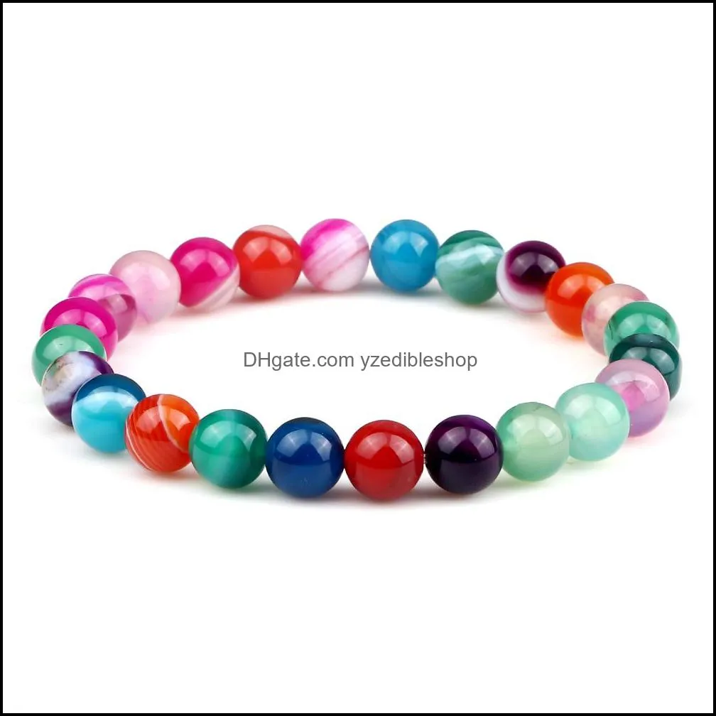 women multicolor natural stone strand 8mm striped agates beads bracelet bangle men simple handmade elastic pulsera jewelry couple