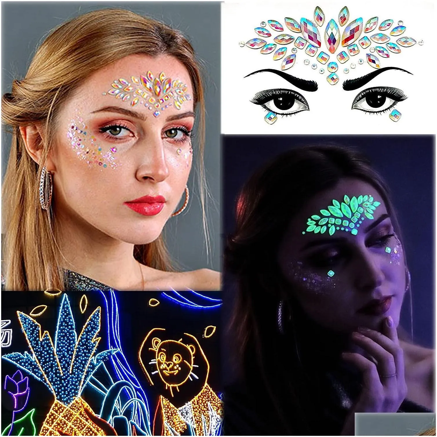temporary tattoos meredmore 8sets noctilucent face gems body stickers glow in the dark luminous jewels fluorescent tattoo crystals rh