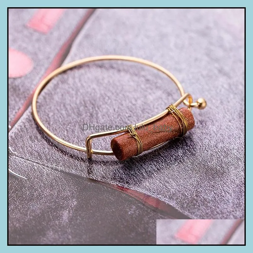 gold plating wrapped cylinder column stone bangle charm rose quartz healing druzy stones bracelets jewelry making