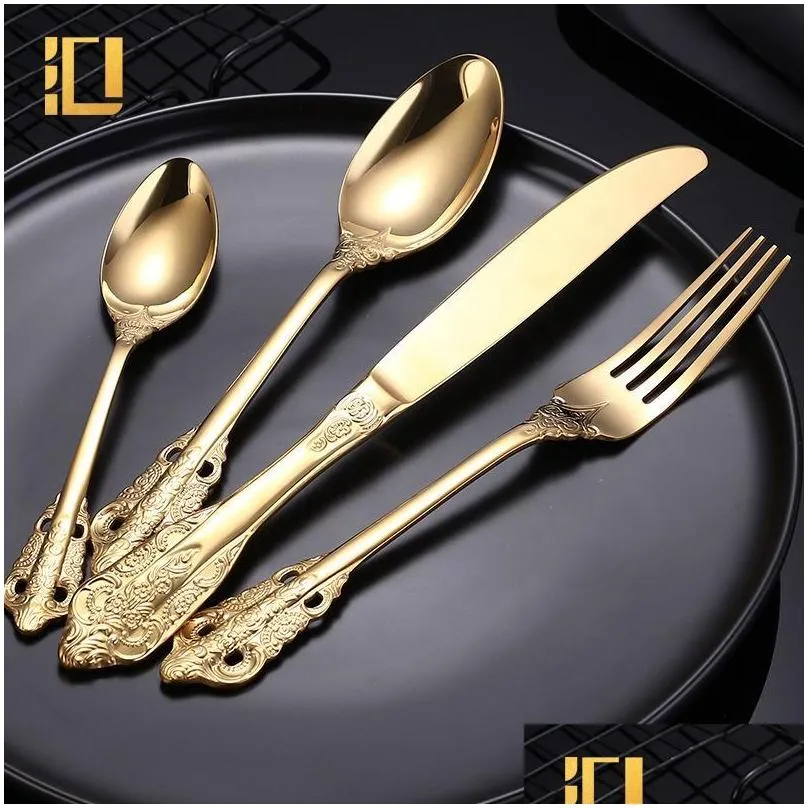 24pcs baroque style royal cutlery set gold luxury dinnerware stainless steel knife fork spoon tableware for dishwasher safe