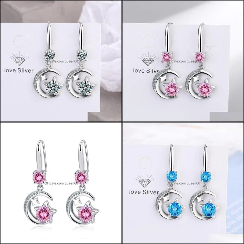 s925 stamp silver plated earrings star moon charms blue pink white zircon earring jewelry shiny crystal hoops piercing earrings for women wedding party