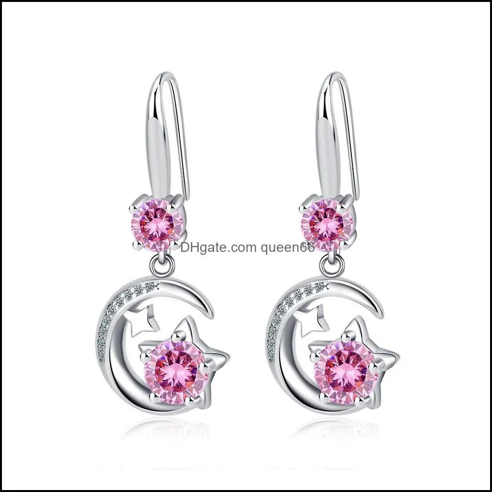 s925 stamp silver plated earrings star moon charms blue pink white zircon earring jewelry shiny crystal hoops piercing earrings for women wedding party