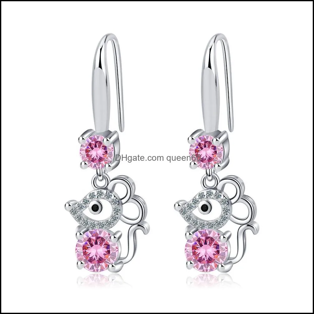 s925 stamp silver plated earrings cut mouse charms blue pink white zircon earring jewelry shiny crystal hoops piercing earrings for women wedding party