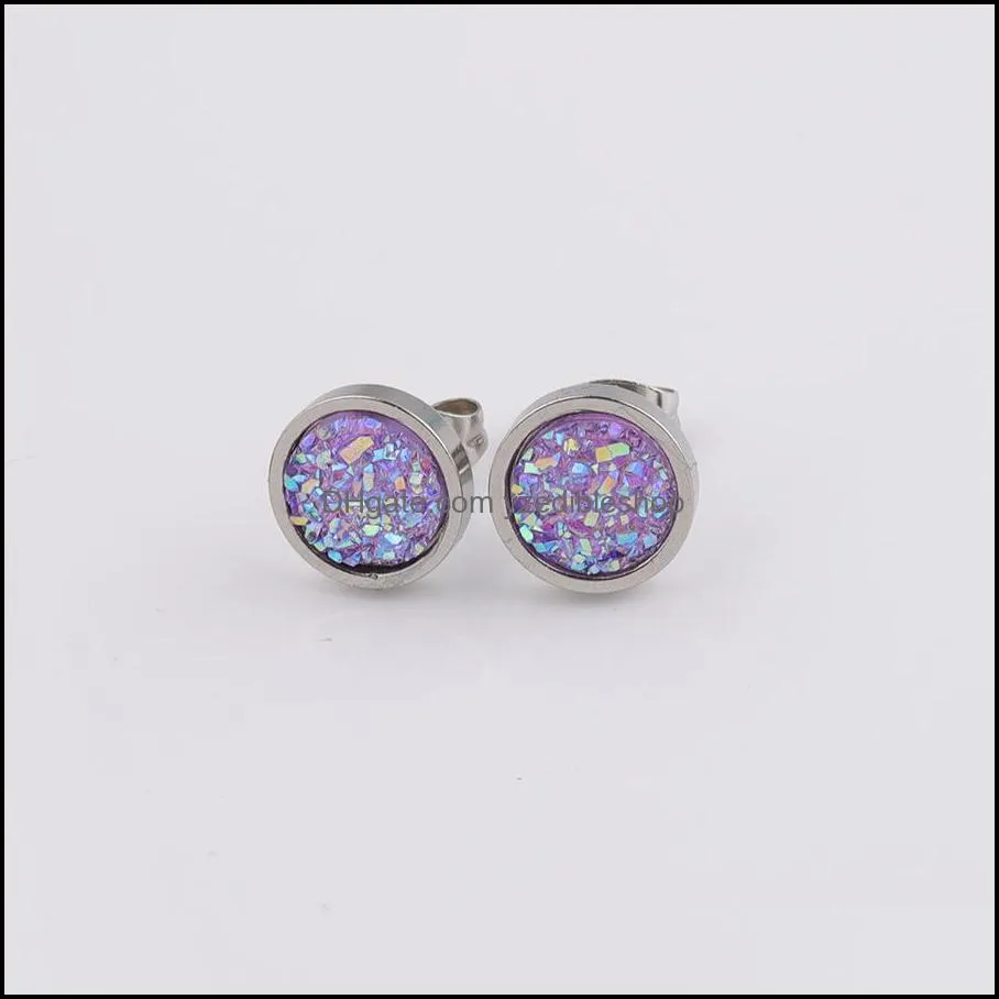 round stainless steel stud 8mm 10mm 12mm resin druzy drusy earrings handmade stud for women jewelry men