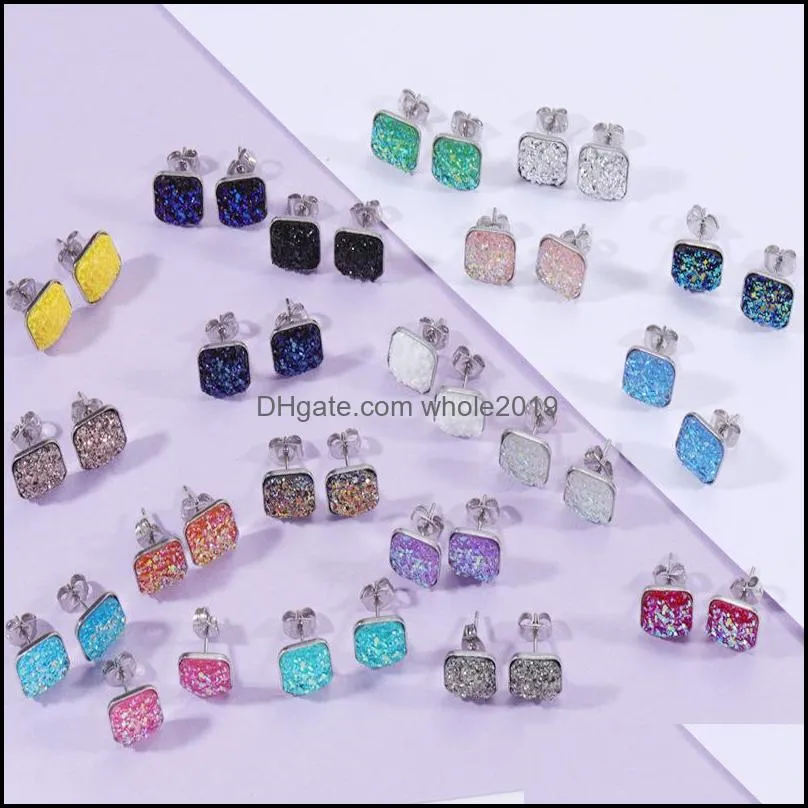 designer square resin druzy drusy stud earrings stainless steel handmade studs for women jewelry