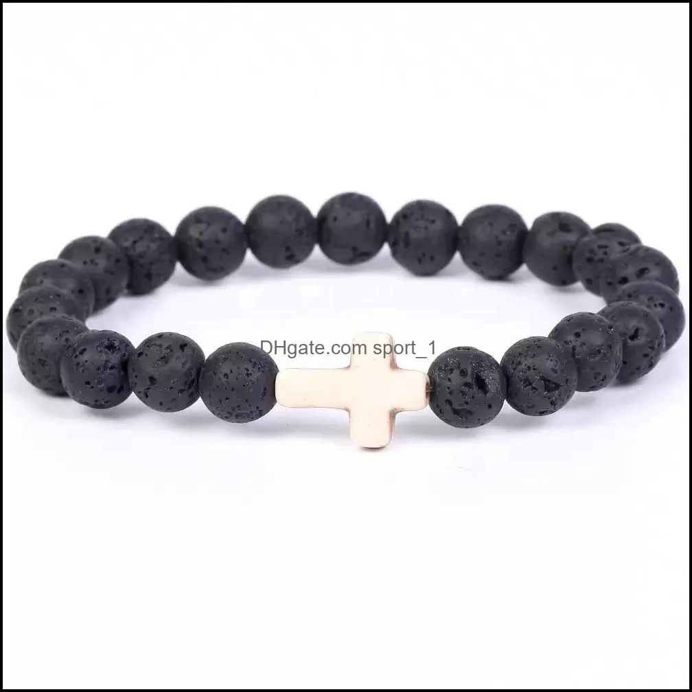 trendy 8mm black lava stone turquoise bead cross strands bracelet  oil diffuser volcanic beads bracelet for women men jewelry