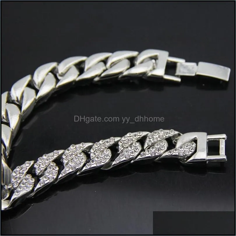 mens womens chain hiphop curb bracelet cuban silver goldplated bracelet with clear rhinestones 12 pieces
