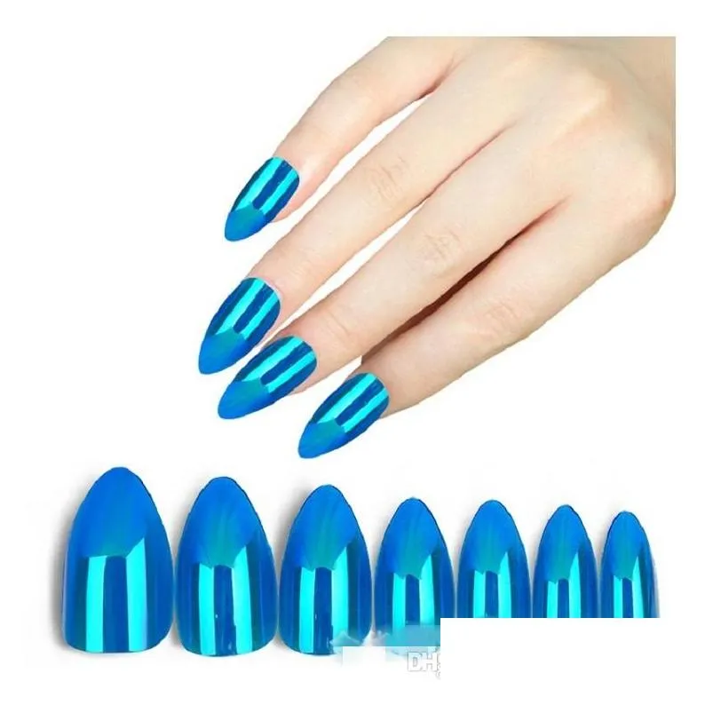 28pcs holographic stiletto false nails tips mirror chrome pigment effect uv gel fake nail art tools