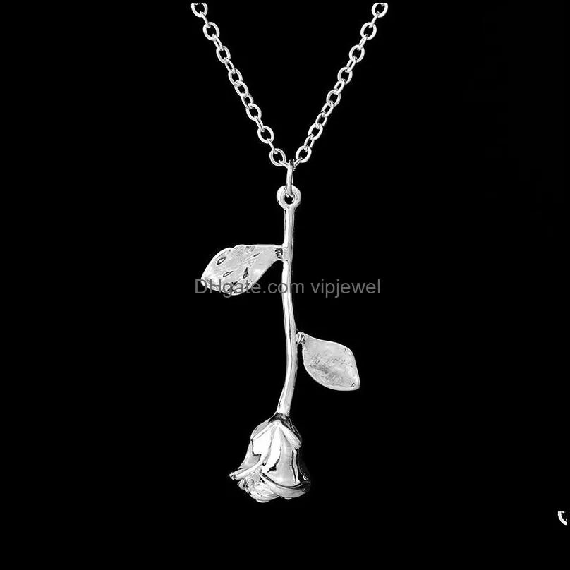 rose pendant necklace jewelry sterling silver retro 3d leaf valentines day womens birthday vintage