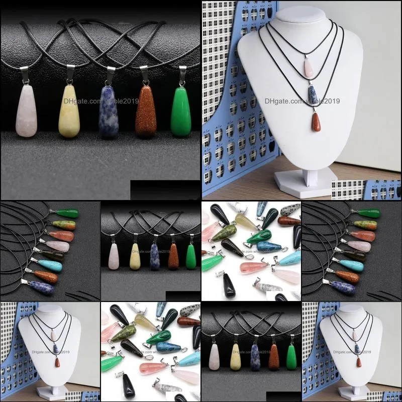 stone crystal quartz opal long teardrop pendant necklace leather chains for men women fashion jewelry