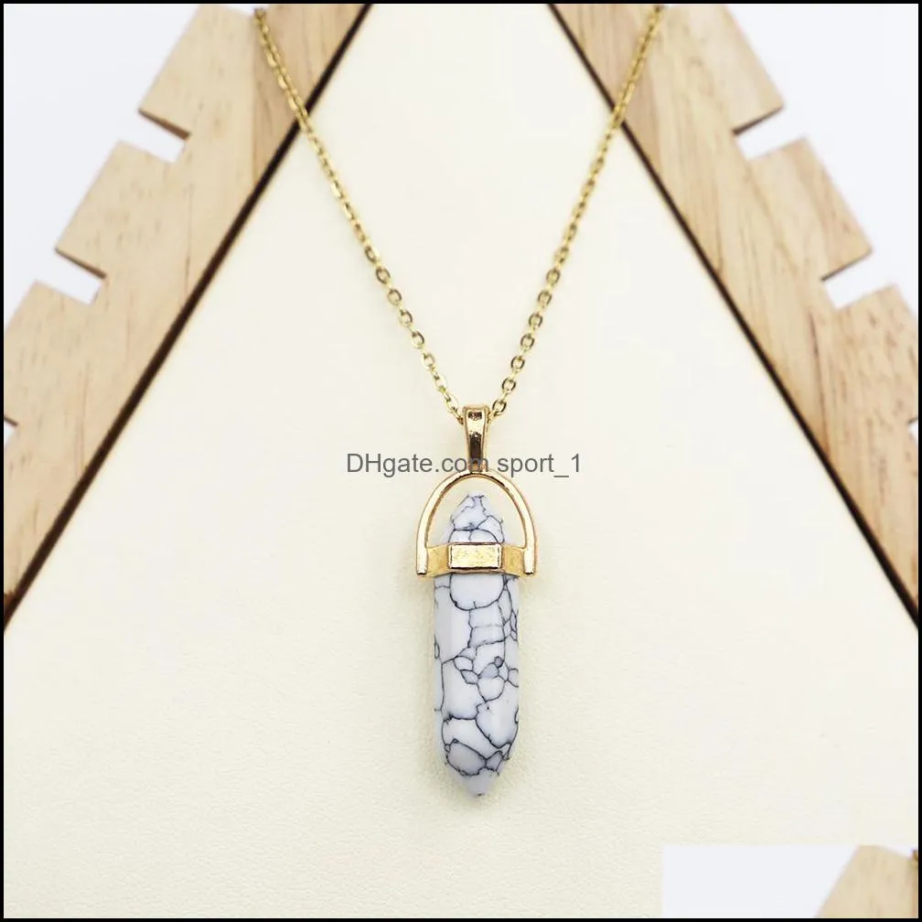 natural stone hexagonal column point gold necklaces cylindrical pendants healing crystal fluorite lapis pendulum chakra jewelry