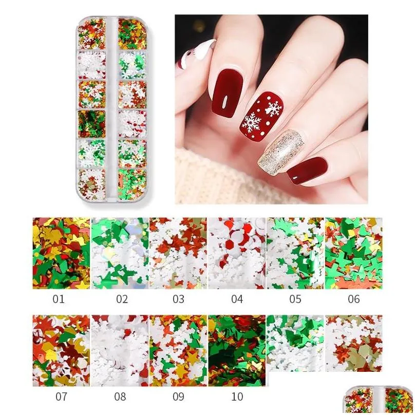 12 grids/sets nail glitter stickers snowflake snow christmas diy flakes palette manicure slice nail art decoration