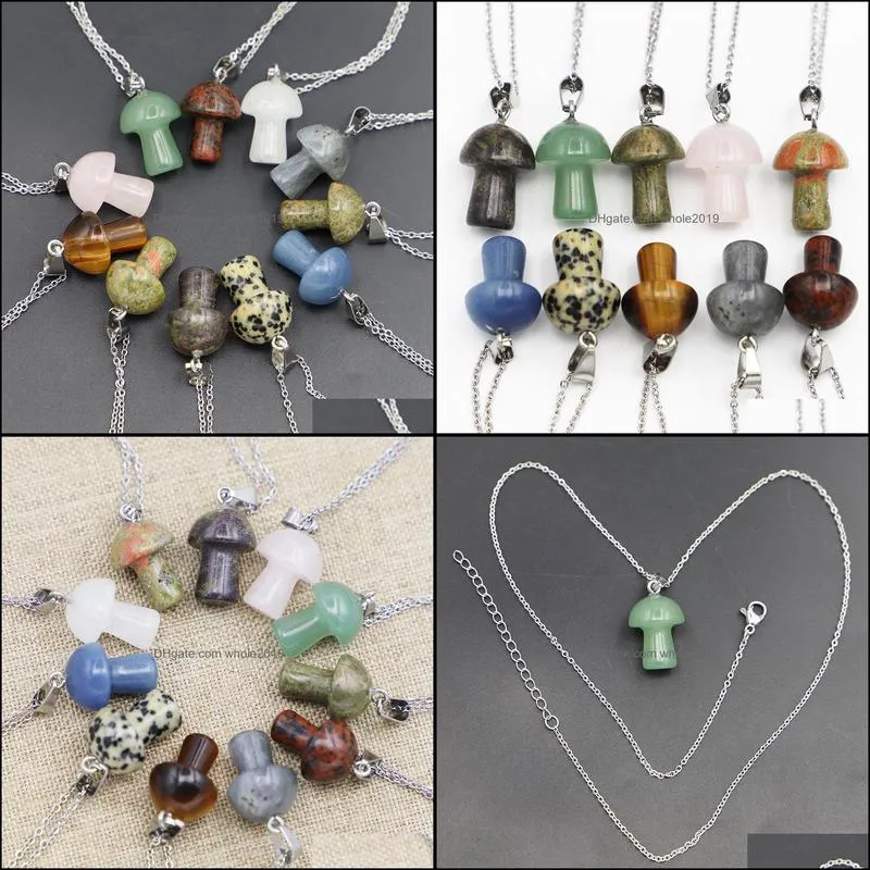 fashion natural stone mushroom necklace pendant cute mini statue reiki charms crafts jewelry whoelsale