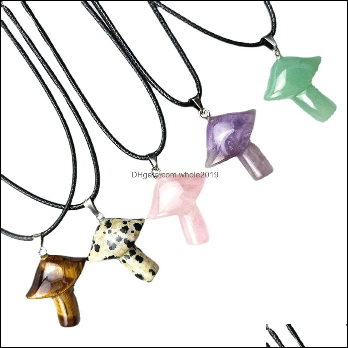 mushroom gemstone pendant necklace for women men natural healing chakra quartz crystal rock charm choker jewelry 45cm black leather