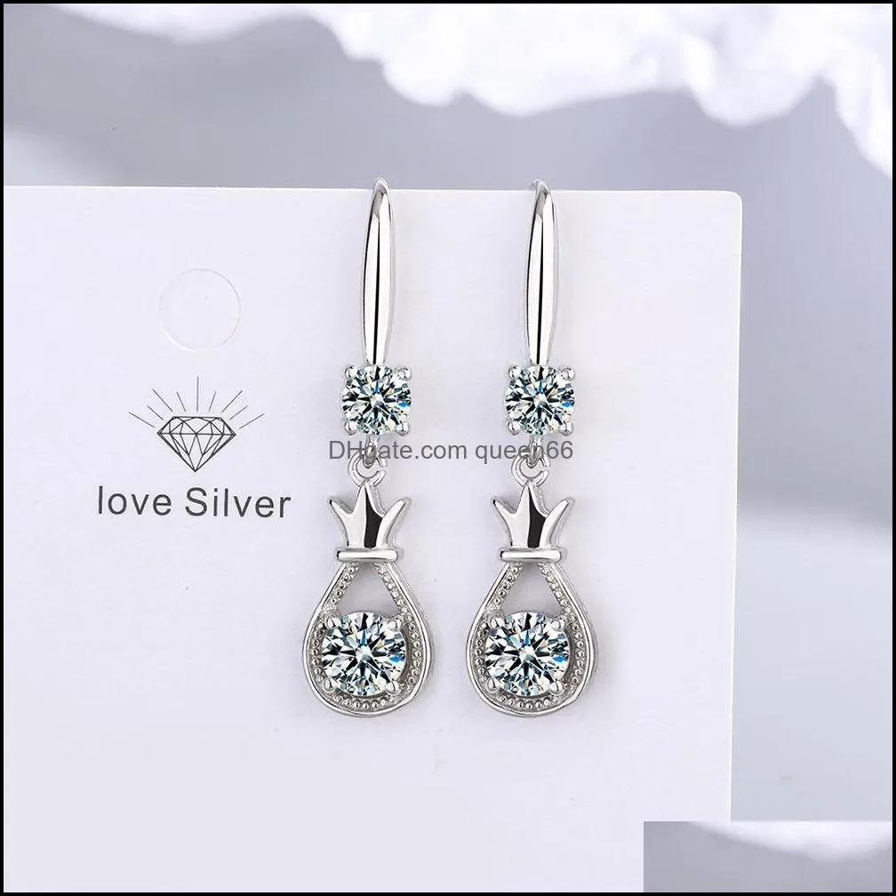 s925 stamp silver plated crystal crown charms pink blue white zircon earrings tassel hook type womens fashion jewelry earrings wedding party