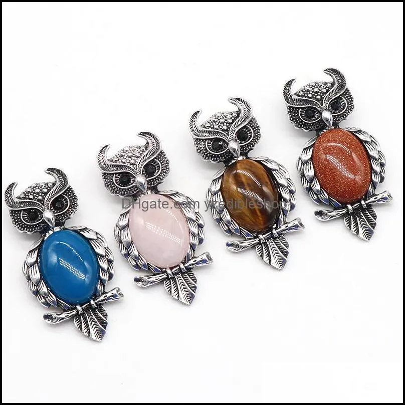 owl shape pendant chakra stone gemstone pins natural healing crystals brooches vinage jewelry