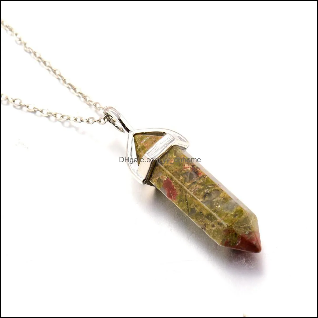 natural stone bullet shape pendant necklaces chains hexagonal prism chakra reiki crystal jewelry for women men