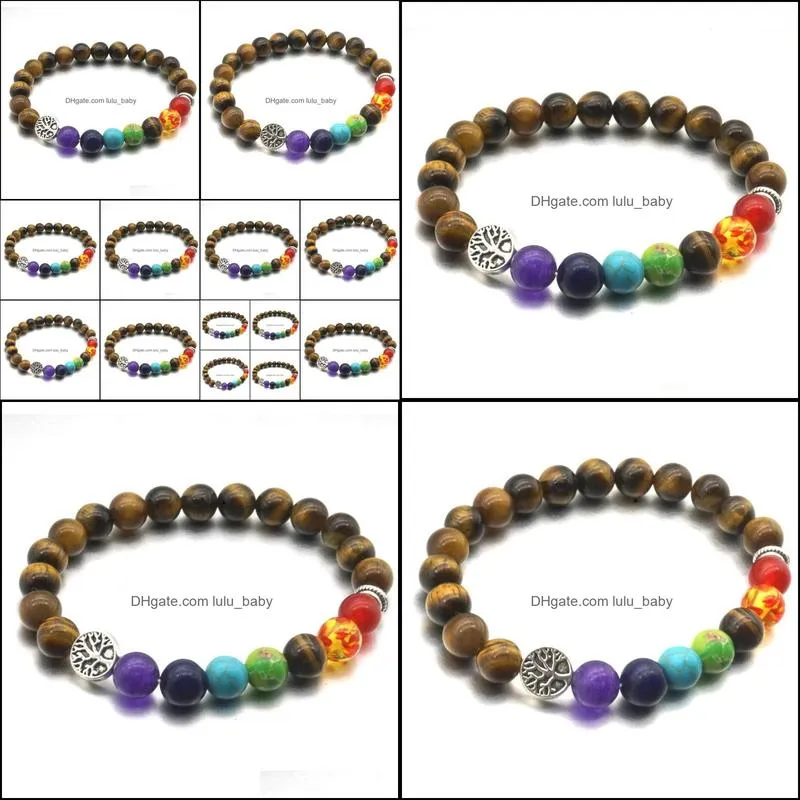 tree of life 8mm seven chakras bracelets tigers eye stone beads elastic bracelet pray beaded hand strings jewelry