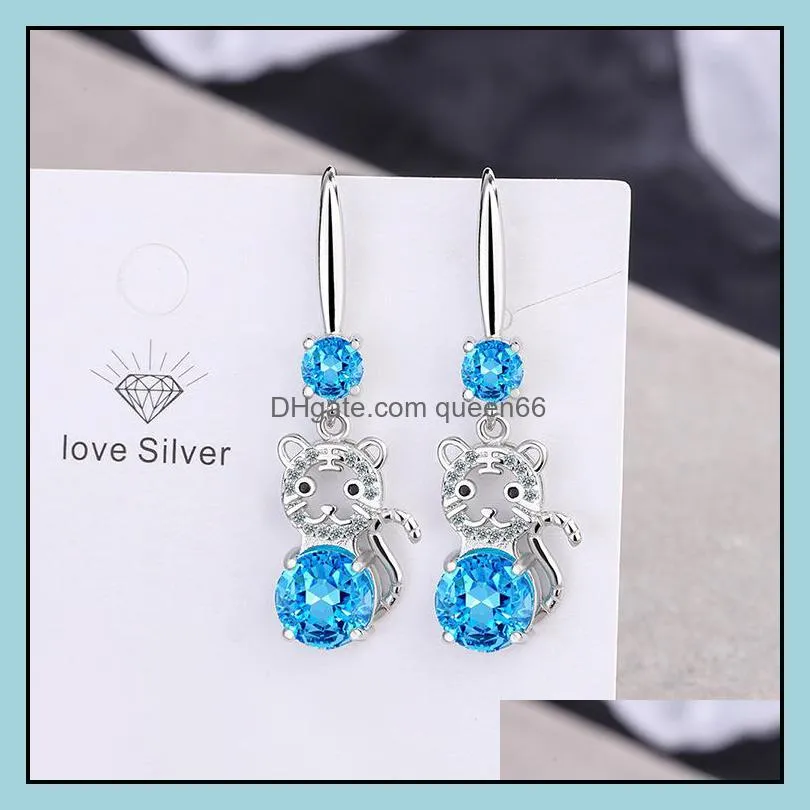 s925 stamp silver plated earrings tiger charms zircon earring jewelry blue pink white shiny crystal hoops piercing earrings for women wedding party