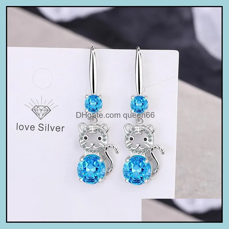 s925 stamp silver plated earrings tiger charms zircon earring jewelry blue pink white shiny crystal hoops piercing earrings for women wedding party