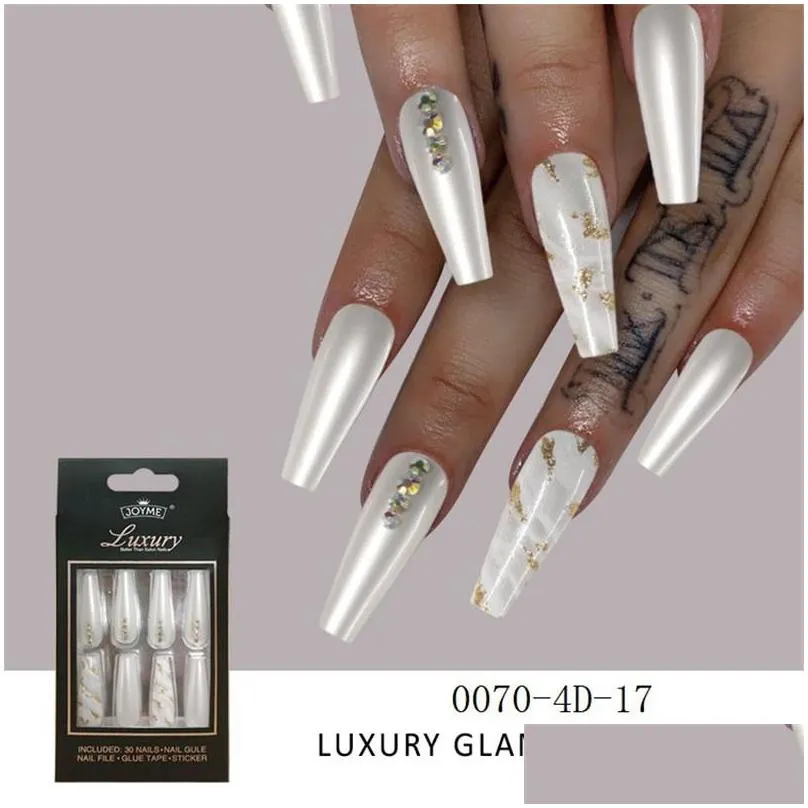 30pcs/box long ballet fake nails tips waterproof seamless traceless sticker false fingernails soft reusable nail art manicure tools
