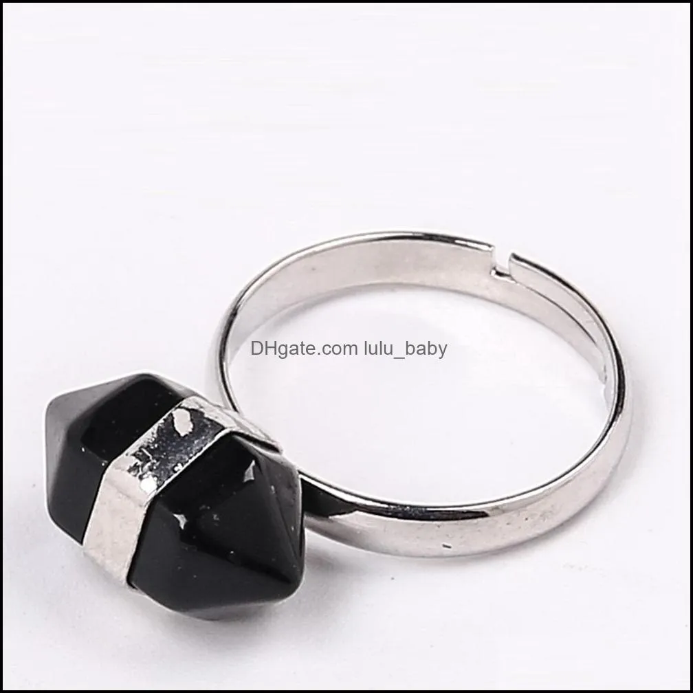 hexagonal prism rings gemstone crystal quartz healing point chakra stone charms opening rings for women men