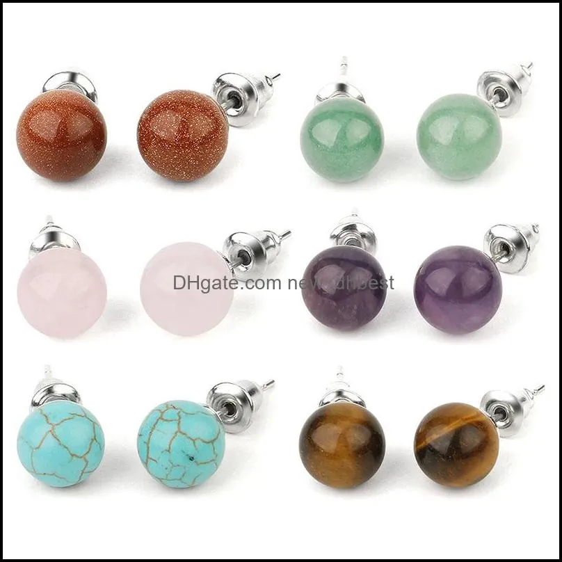 natural gem stone quartz crystal tiger eye round beads stud earrings simple ear handmade making jewelry women earring