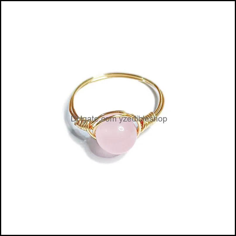 round stone jade rings pink green crystal wire wrap gold finger ring wholesale jewelry for women size 7 8