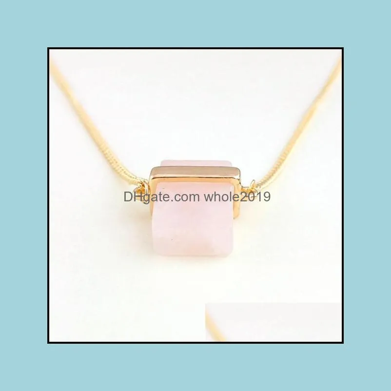 rectangle rose pink quartz necklace crystal stone polishing metal druzy exquisite handmade pendant necklaces