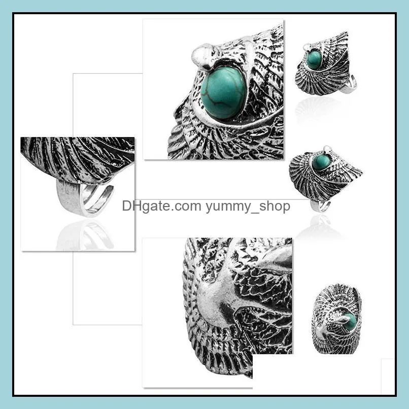 turquoise ring vintage tibetan silver indian wind pine stone wings  big  eye green