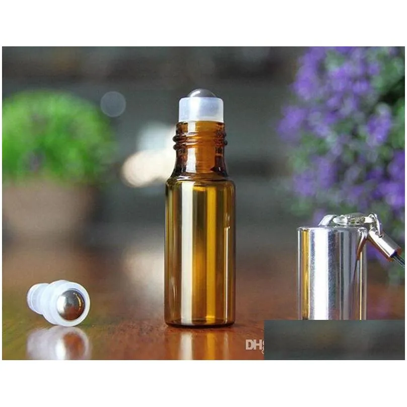 5ml amber empty glass pendant sample perfume bottle with steel roller ball glass vials small promotion essential oil bottle