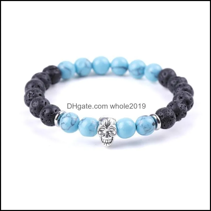 stainless steel black lava stone beads bracelet men skull turquoise punk hiphop handmade bracelets summer women jewelry gift