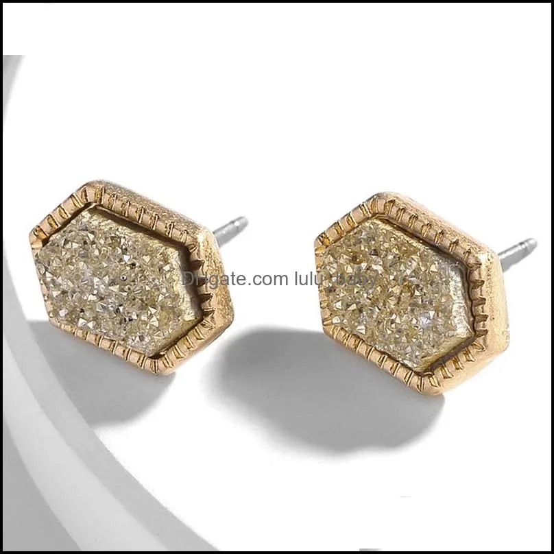 designer oval druzy drusy earrings gold plated hexagon geometry resin stud earrings for women girl gift