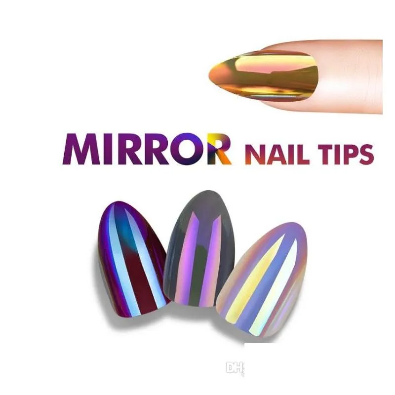 28pcs holographic stiletto false nails tips mirror chrome pigment effect uv gel fake nail art tools