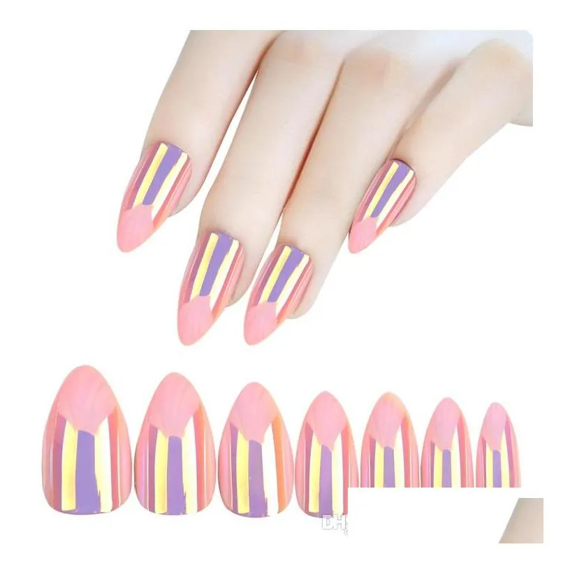 28pcs holographic stiletto false nails tips mirror chrome pigment effect uv gel fake nail art tools