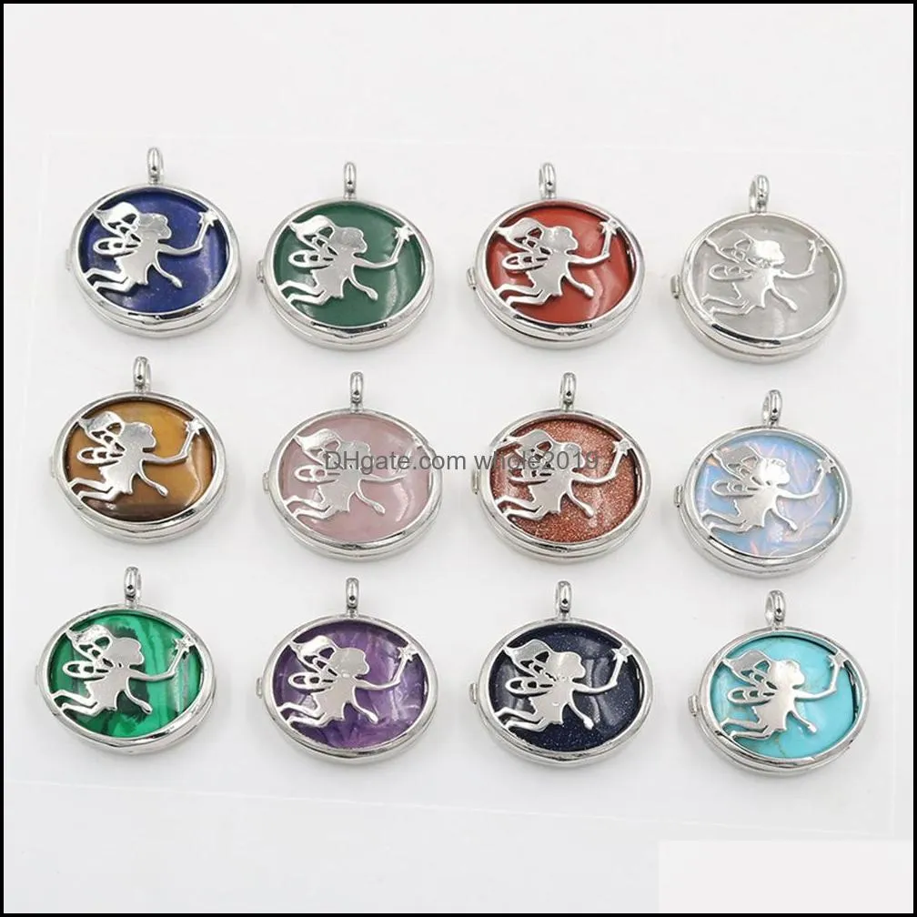 natural stone pendants necklace alloy angel wing with fairy stick shape multi colors types round stones for jewelry making