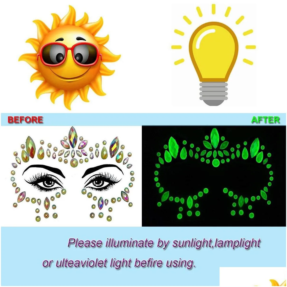 temporary tattoos meredmore 8sets noctilucent face gems body stickers glow in the dark luminous jewels fluorescent tattoo crystals rh