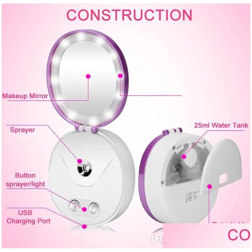 multi functional portable makeup cosmetic lights mirror nano mist sprayer facial body steamer moisturizing face power bank