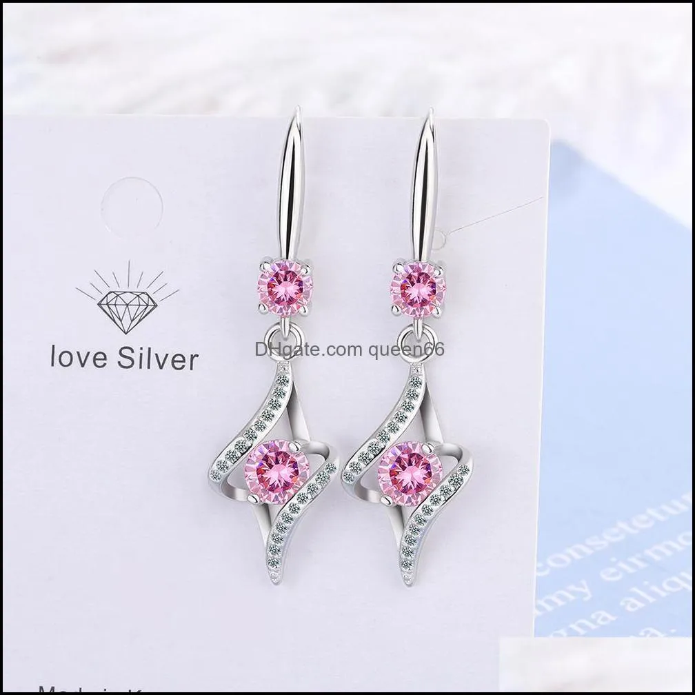 s925 stamp silver plated earrings love heart charms zircon earring jewelry blue pink white shiny crystal hoops piercing earrings for women wedding party