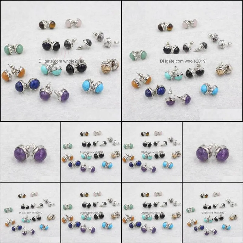 various colors natural stone stud earrings drusy pink crystal lazuli reiki earring for women